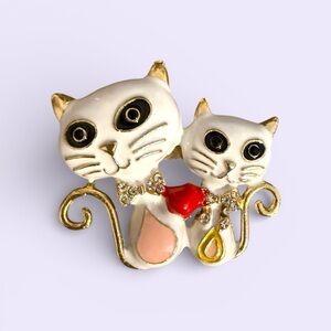 Mint White and Gold Cat Brooch with Red Accent